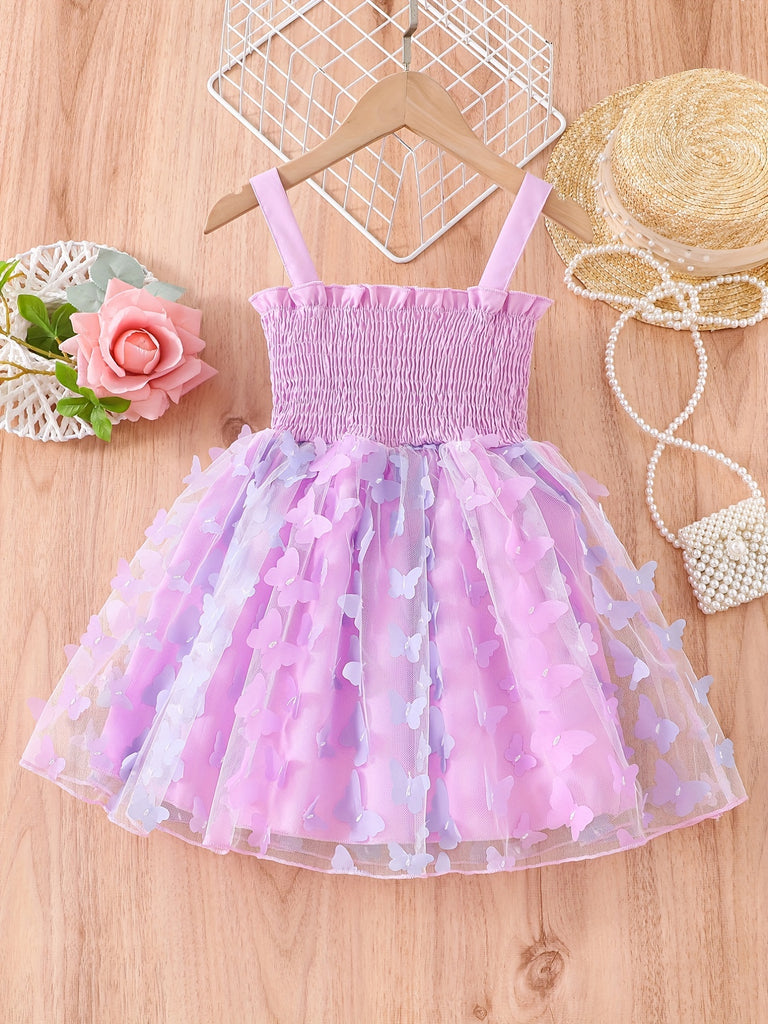 Toddler Girls Butterfly Applique Frill Trim Shirred Cami Princess Dress For Party Beach Vacation Kids Summer Clothes