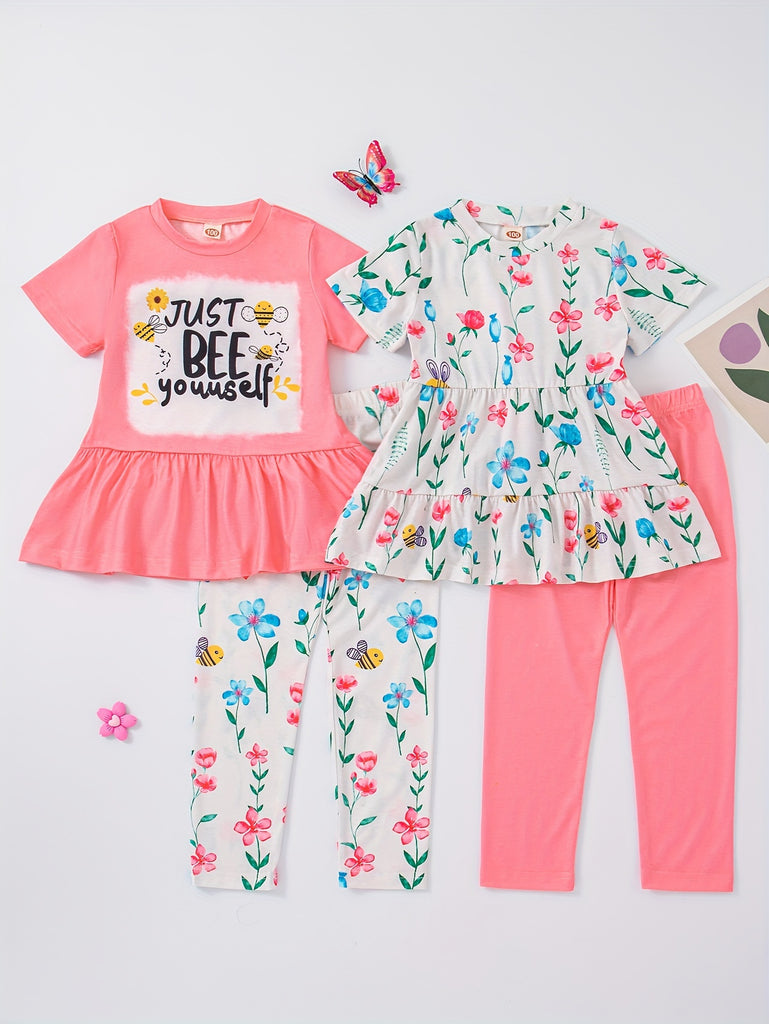 Summer Day 2 Sets Girls Clothes, Short Sleeve Slogan & Flowers Graphic Tops And Trousers 4-piece Set, Gift Idea