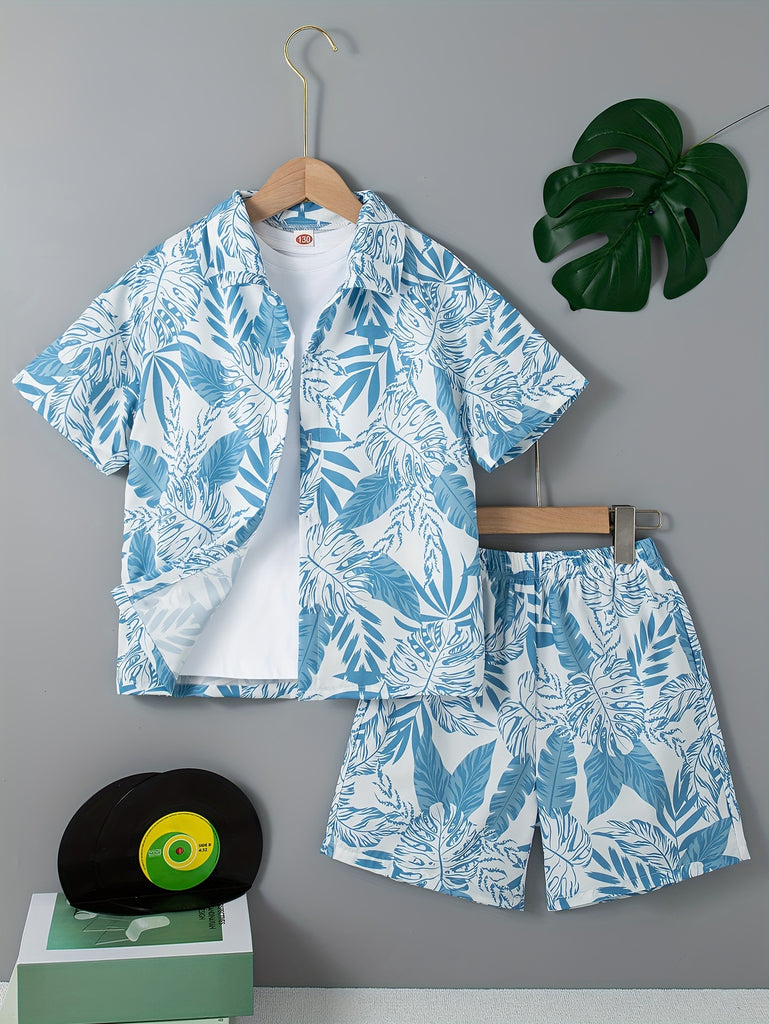 2pcs Boys Summer Hawaiian Tropical Leaves Full Print Short Sleeve Lapel Shirt & Shorts Set, Boys Summer Beach Vacation Clothing