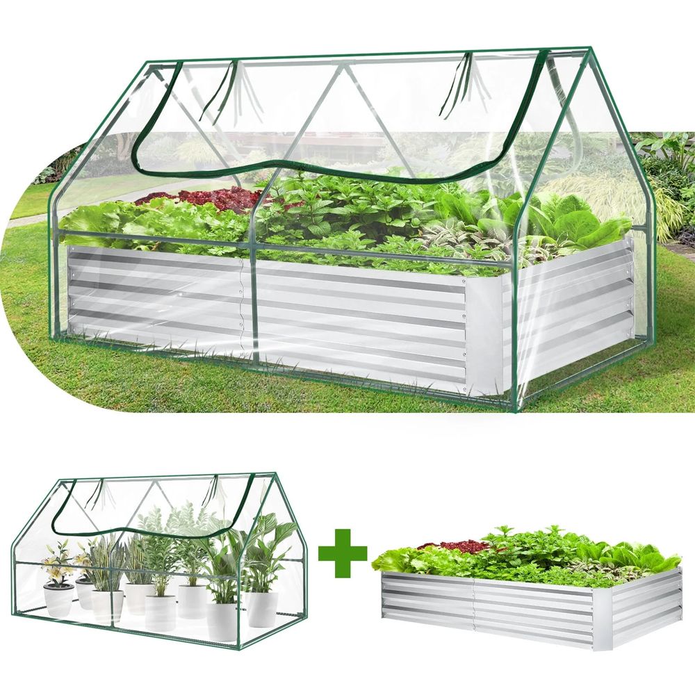 1PC 6 x 3 x 3 Feet Galvanized Raised Garden Bed with Greenhouse's Raised Flower Bed