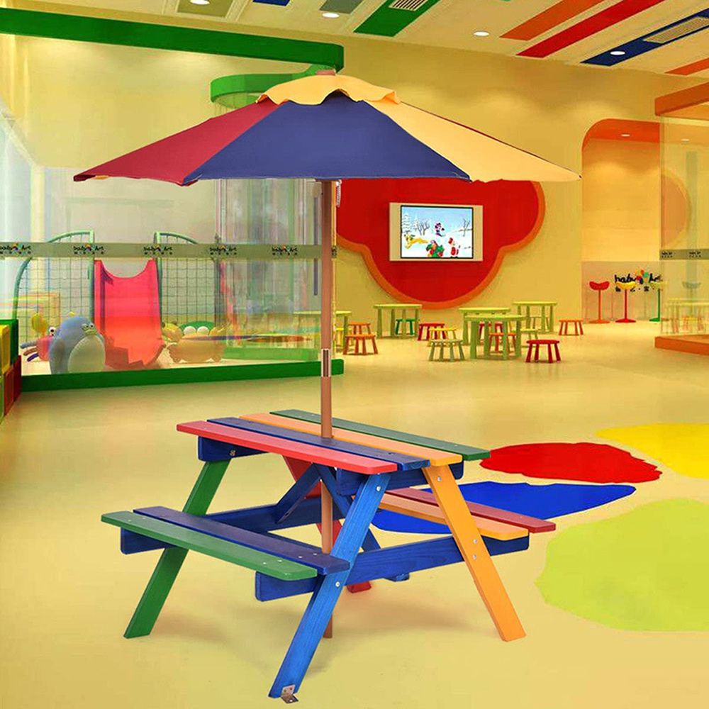 1PC Outdoor 4-Seat Kids Picnic Table Bench Set with Removable Umbrella