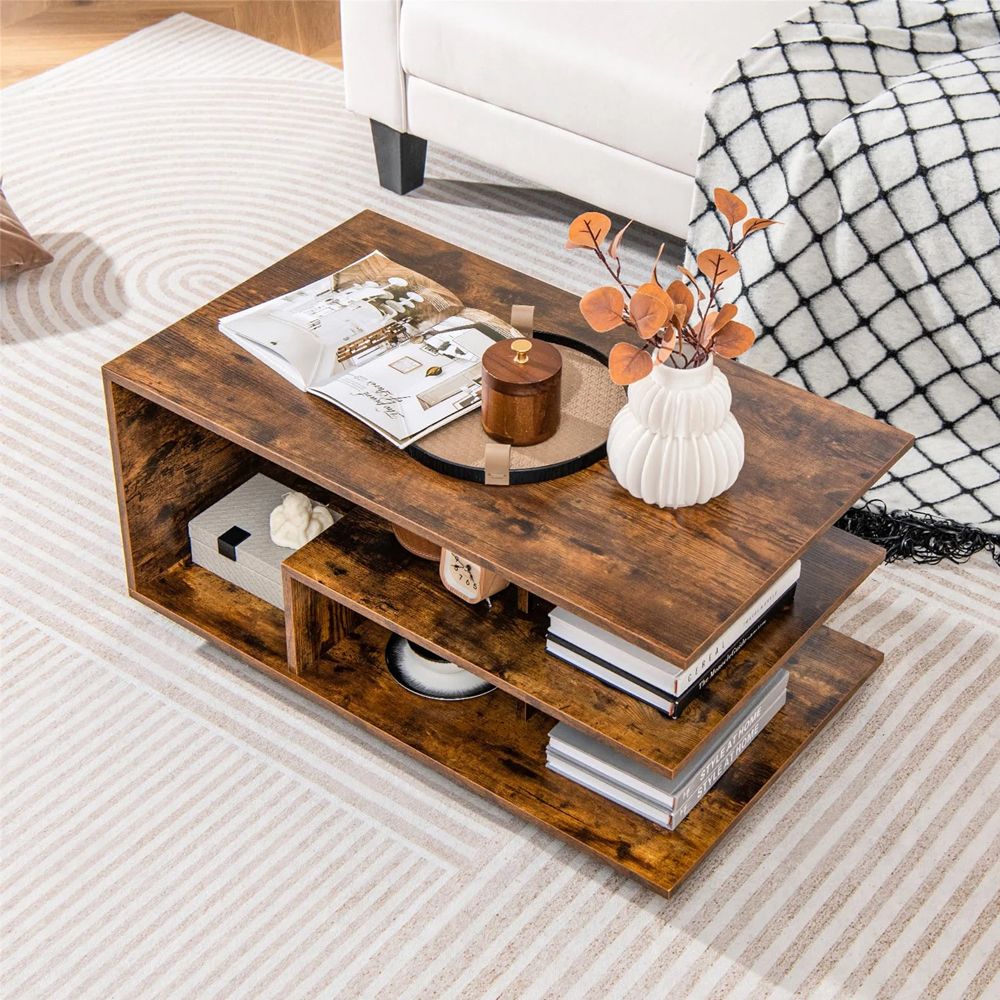 1PC Rectangular Coffee Table  3 Tiers of Storage Space table with L-shaped Middle Shelf