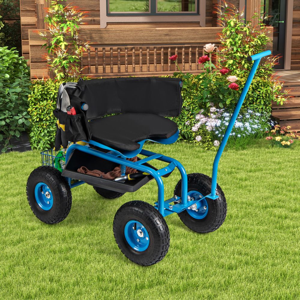 1PC Rolling Garden Cart with Height Adjustable Swivel Seat and Storage Basket