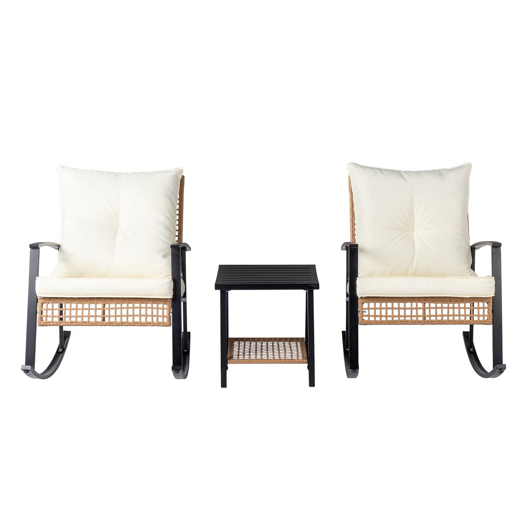 1pcs side table + 2pcs rocking chairs, backrest sparsely woven, light yellow rattan, white cushion, three-piece rattan set