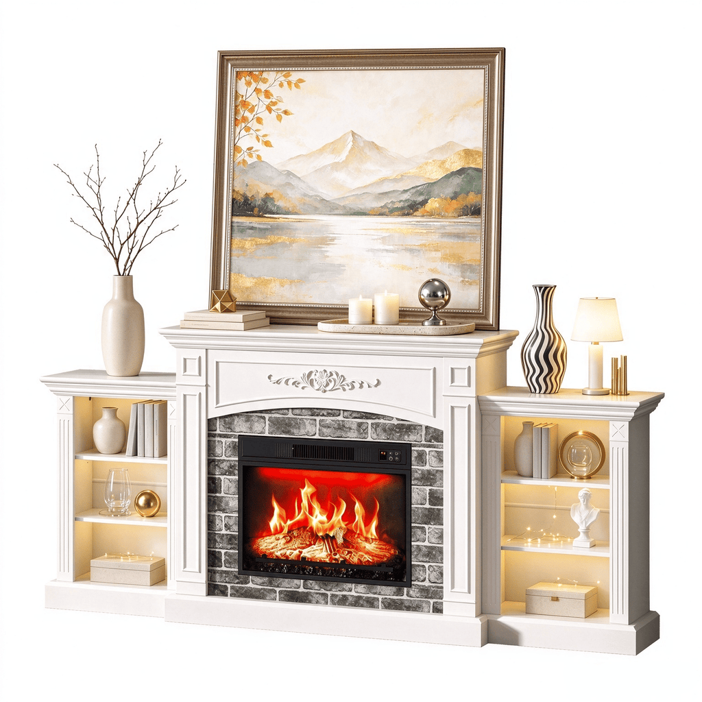 2-1 White painted top + Washed White Melamine Cabinet, 204*34.5*92cm, MDF with Carvings, 3-section 6-shelf, with RGB Light, Fits 23in Fireplace Insert, Fireplace TV Stand