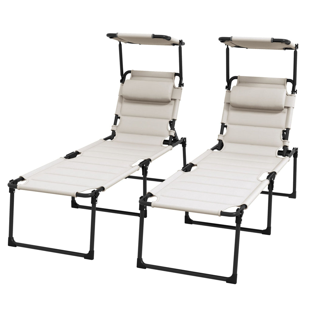 2 Beige Folding Chaise Lounge Chairs Outdoor Sun Tanning with Sunroof Headrests 4-Position Reclining