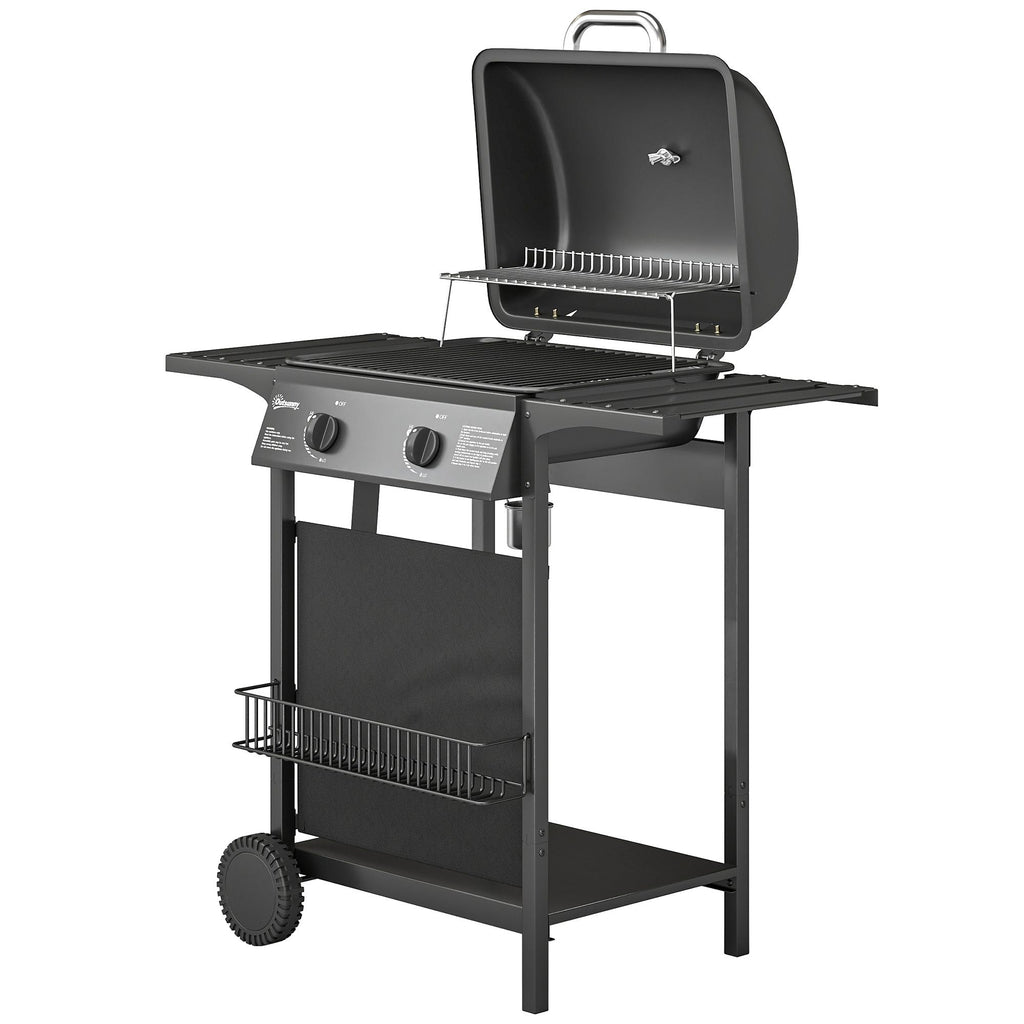 2 Burner Propane Gas Grill, 18000 BTU BBQ Grill with Wheels, Warming Rack, Shelf, Thermometer, Grease Cup, Black