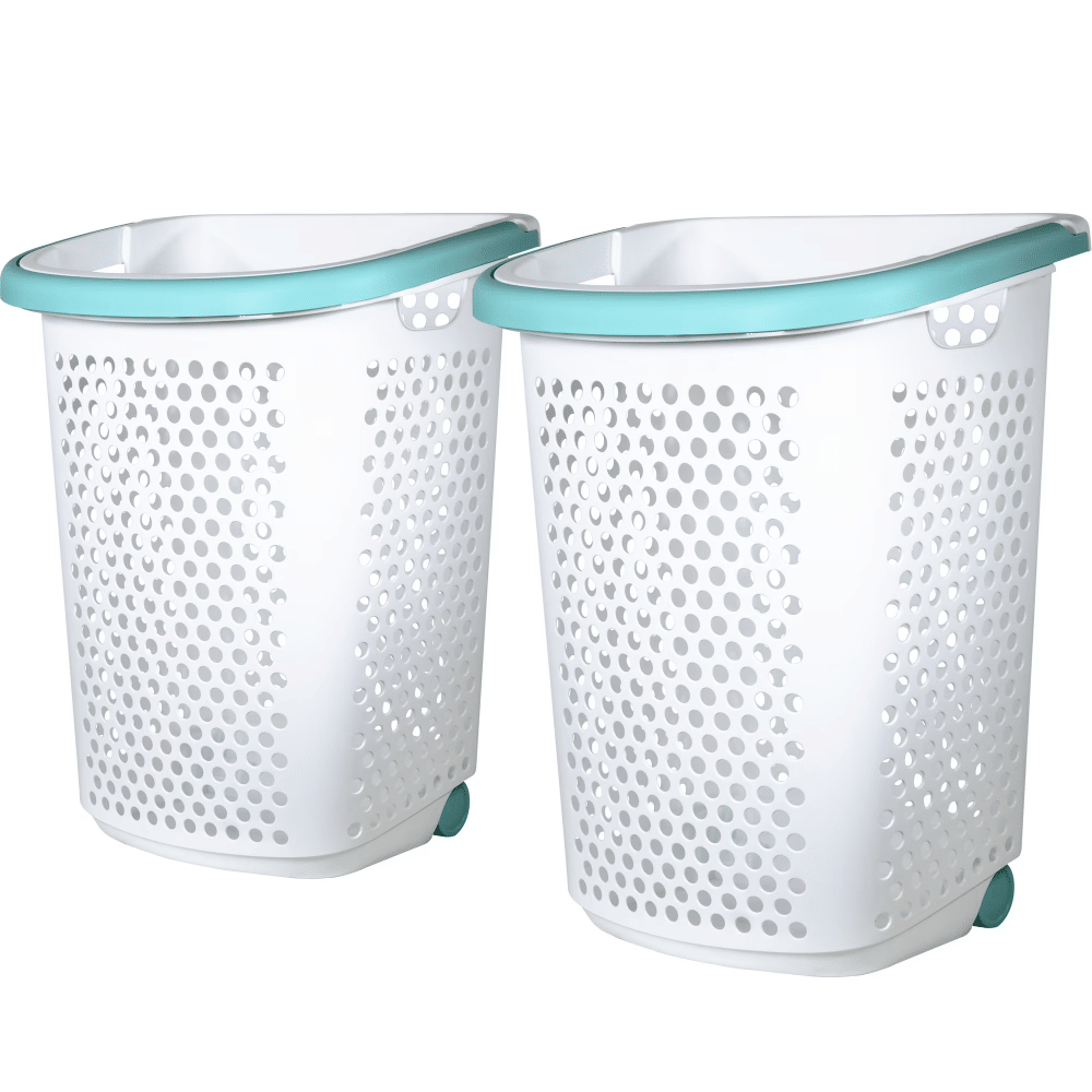 2 Bushel Rolling Plastic Laundry Hamper with Pop-up Handle, White, 2 Pack (Shipment from Walmart)
