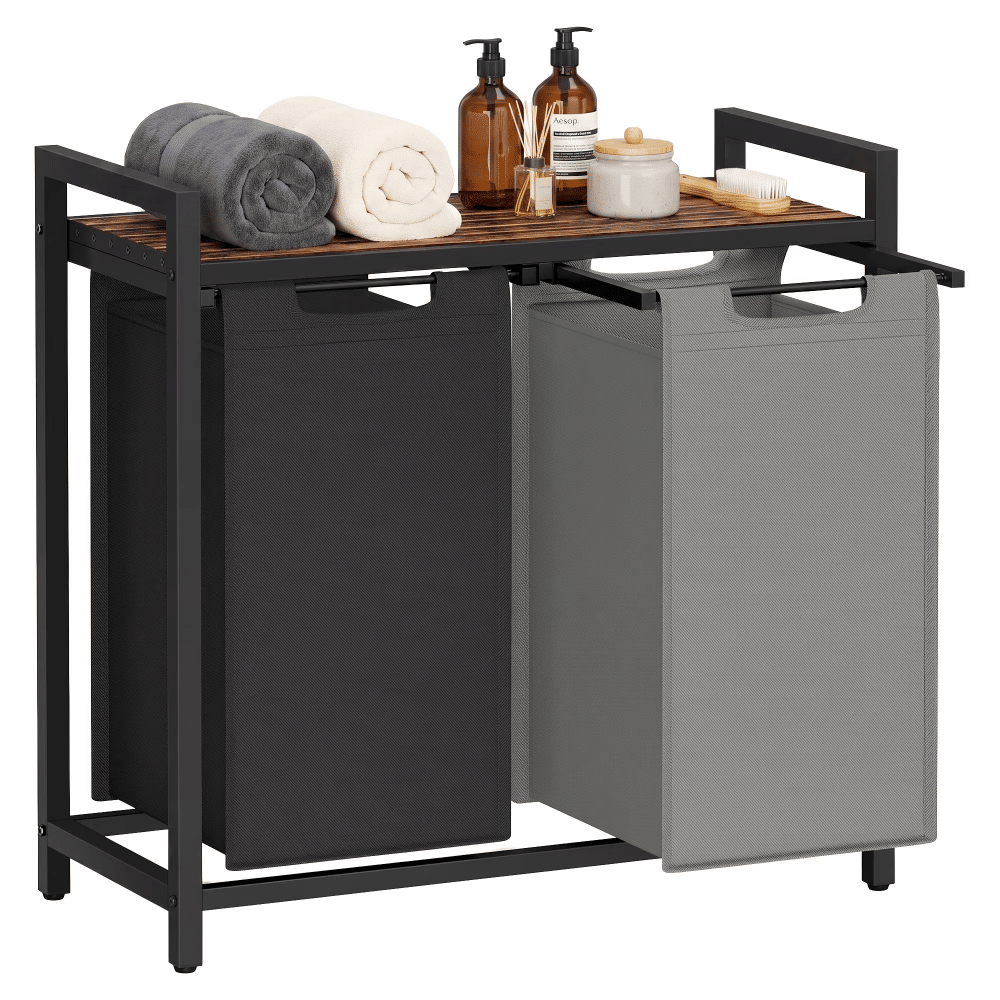 2-Compartment Laundry Hamper with Removable Bags &StorageShelf, Rustic Brown/Charcoal Grey