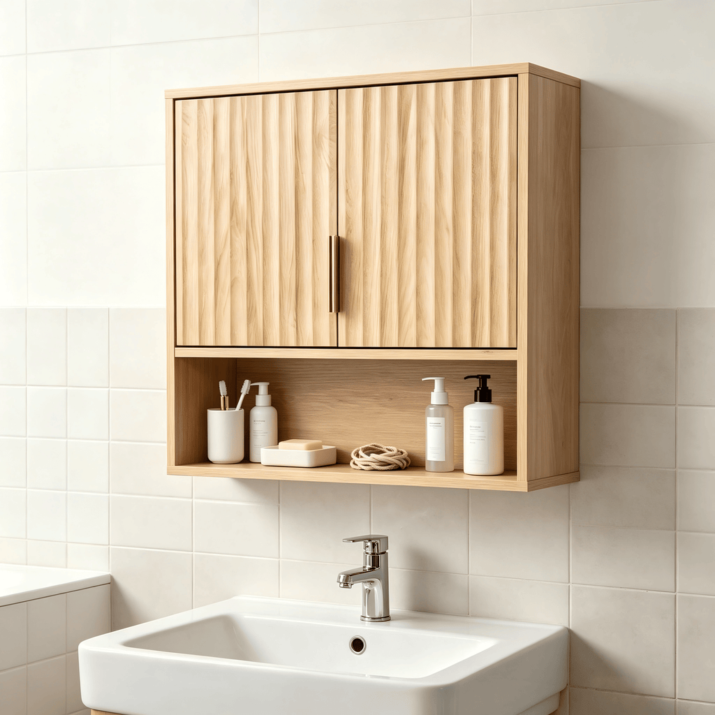 2-Door 3-Tier Slatted Bathroom Wall Cabinet 24.49"*22.83"*8.07 Oak
