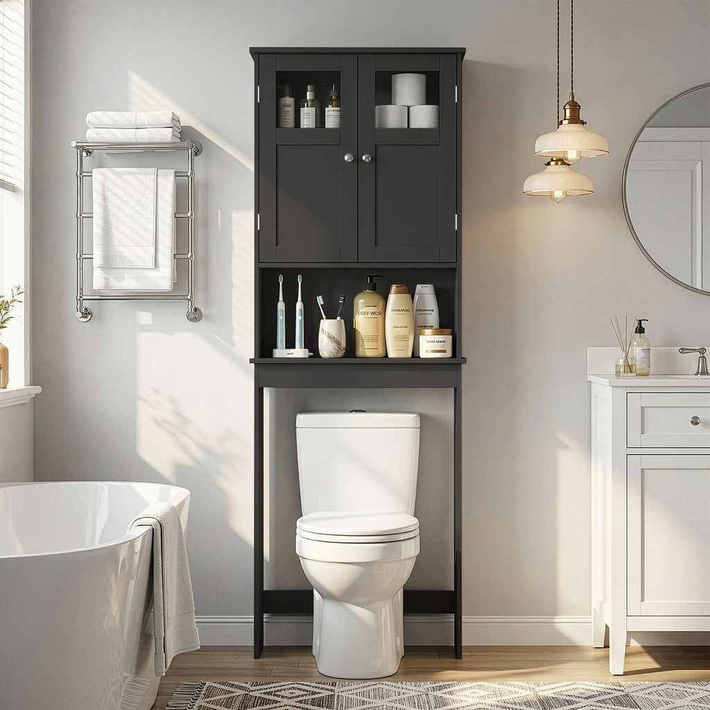 2-Door 3-Tier Toilet Cabinet MDF Melamine-Faced Bathroom Vanity 23.23*8.66*66.93in Black