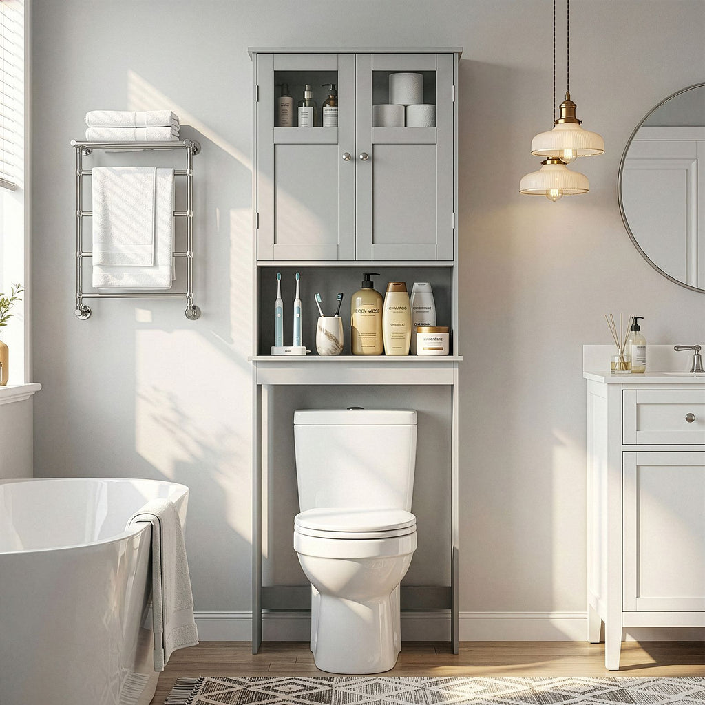 2-Door 3-Tier Toilet Cabinet MDF Melamine-Faced Bathroom Vanity 23.23*8.66*66.93in Grey