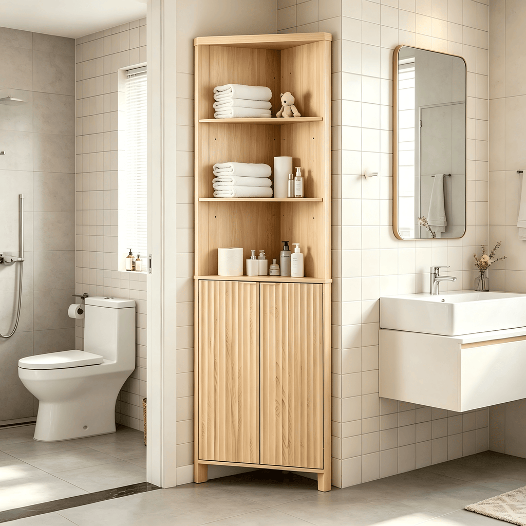 2-Door 5-Tier Slatted Bathroom Corner Cabinet 21.85"*12"*68.11" Tall Bathroom Cabinet Oak
