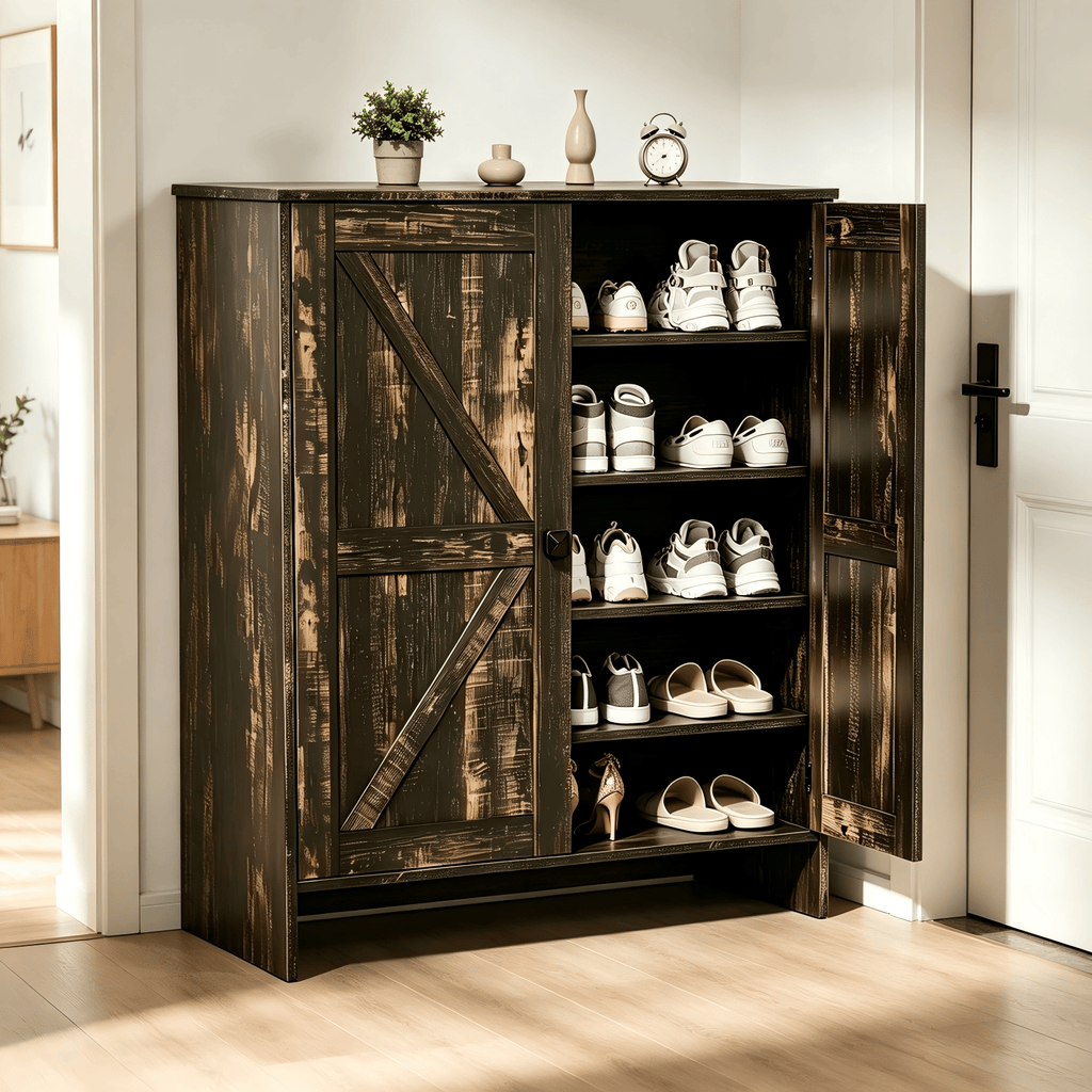 2-Door Barn Door Shoe Cabinet Made of Triamine Particleboard Black Square Shoe Cabinet with Single-Hole Handle 31.61*14.21*36.42in Black Oak