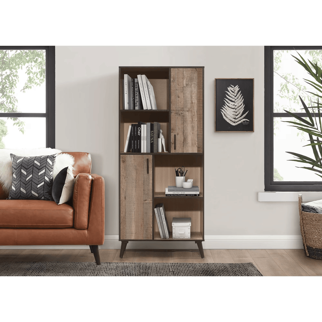 2-DoorStorageCabinet with 4 Open Shelves, Metal Handles, and Flared Tapered Legs, Modern RectangularDesignforLiving Room or Bedroom,NaturalOak Finish