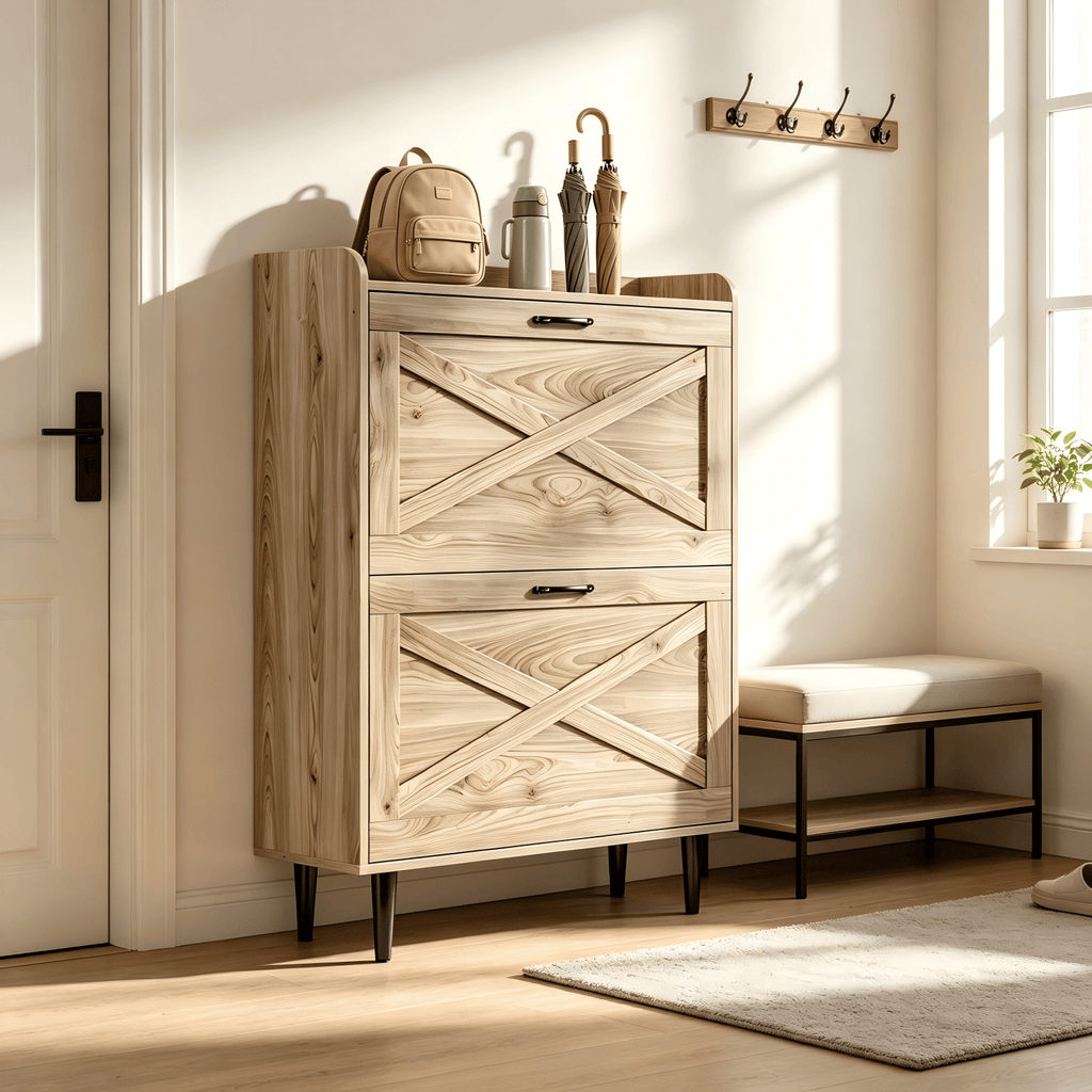 2-Drawer Barn Door Shoe Cabinet with Side Panel Countertop Melamine Board Embossed MDF Shoe Cabinet 31.61*9.45*39.37in Grey Oak