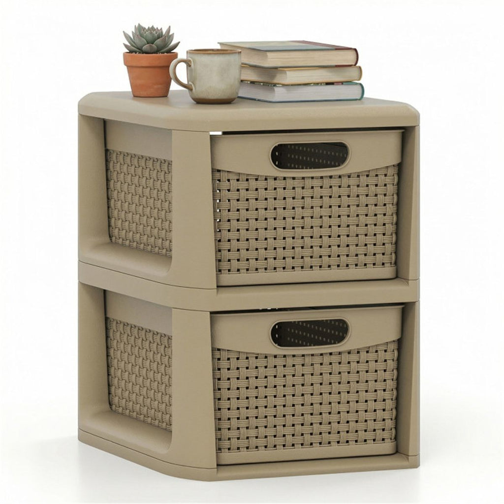 2-Drawer PP Storage Organizer Wicker Style Narrow Cabinet for Home Office