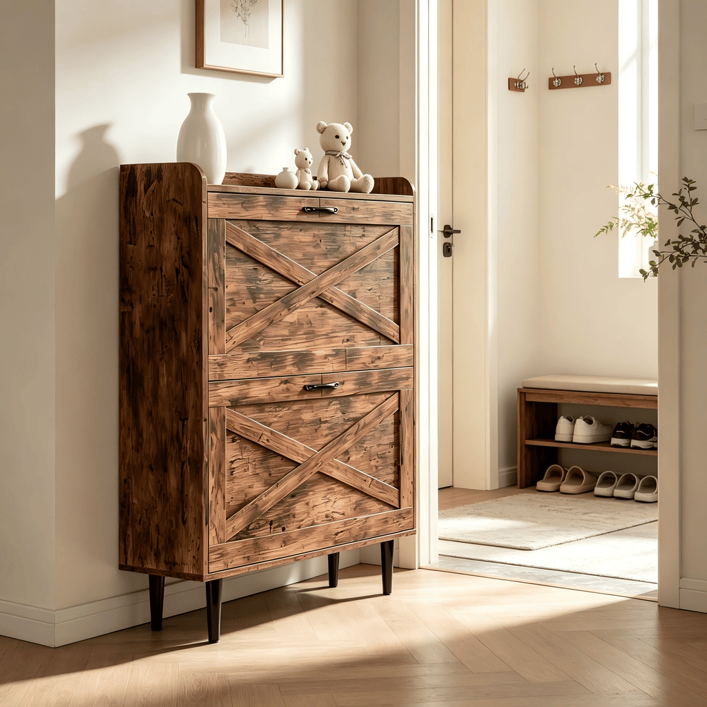 2-Drawer Top-Mounted Barn Door Shoe Cabinet Melamine Board Embossed MDF Shoe Cabinet 31.61*9.45*39.37in Rotten Wood Color