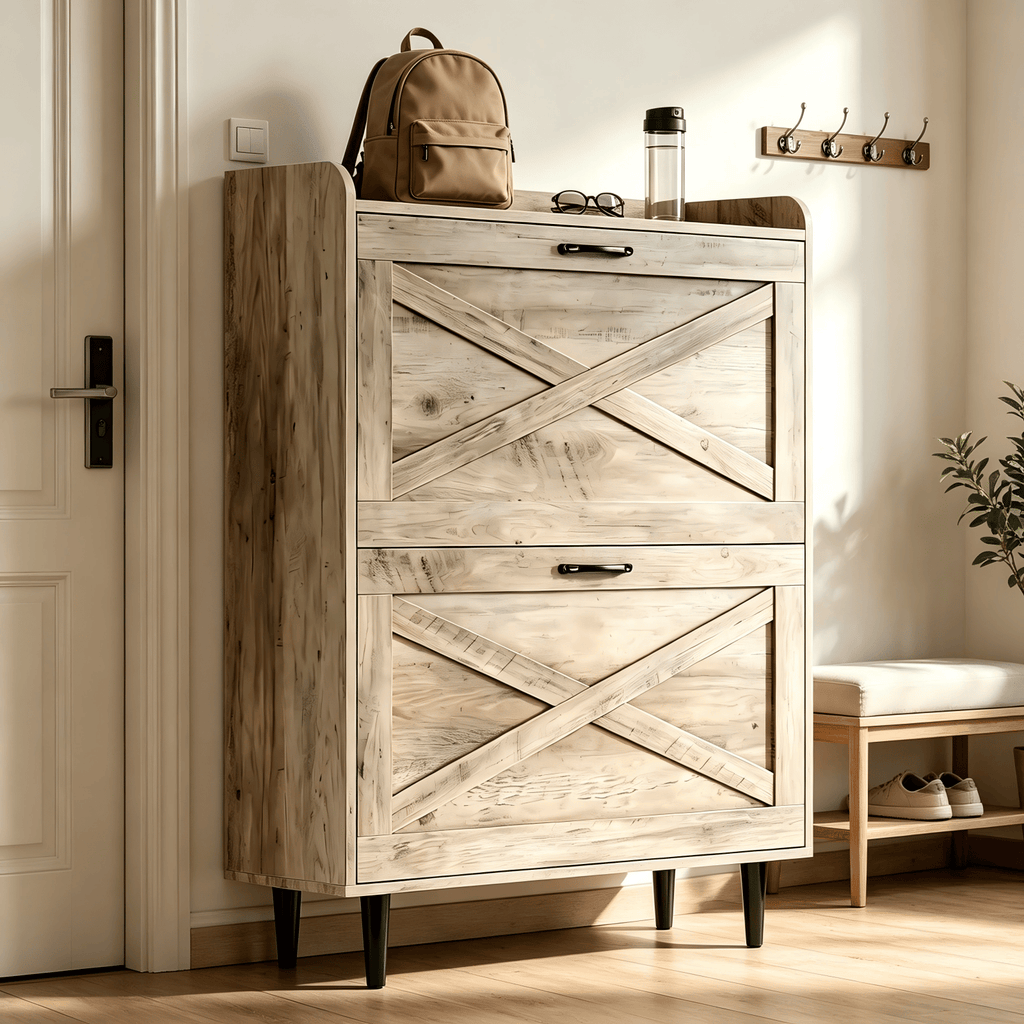 2-Drawer Top-Mounted Barn Door Shoe Cabinet Melamine Board Embossed MDF Shoe Cabinet 31.61*9.45*39.37in Washed Ash