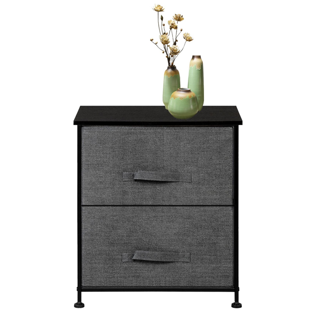 2 Drawers -Night Stand, End Table Storage Tower - Sturdy Steel Frame, Wood Top, Easy Pull Fabric Bins - Organizer Unit For Bedroom, Hallway, Entryway, Closets - Textured Print, Grey--YS