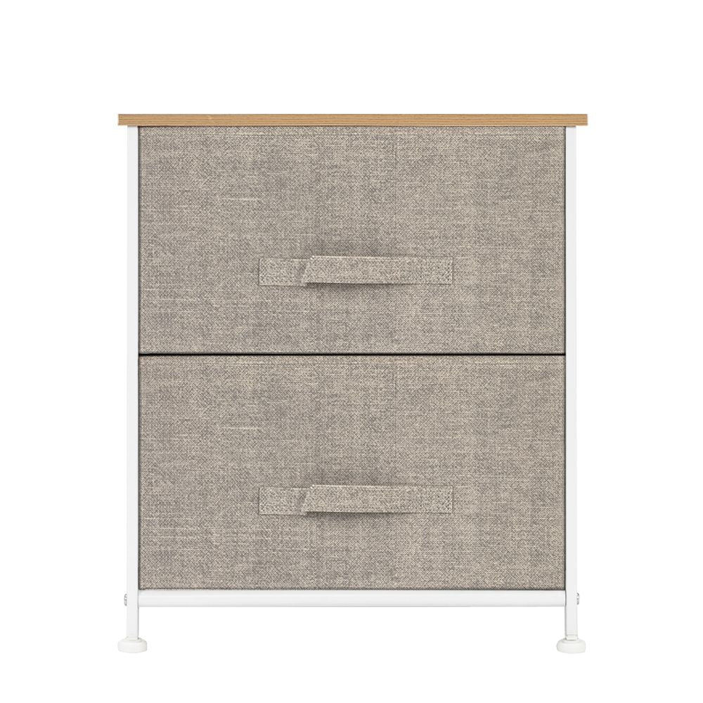 2 Drawers -Night Stand, End Table Storage Tower - Sturdy Steel Frame, Wood Top, Easy Pull Fabric Bins - Organizer Unit For Bedroom, Hallway, Entryway, Closets - Textured Print, Linen / Natural