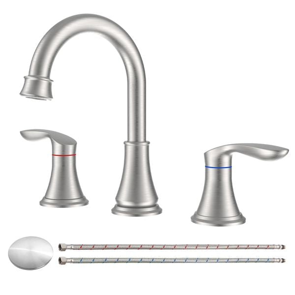 2-Handle 8 inch Widespread Bathroom Sink Faucet Brushed Nickel Lavatory Faucet 3 Hole 360° Swivel Spout Vanity Sink Basin Faucets with Pop Up Drain Assembly and cUPC Water Supply Hoses