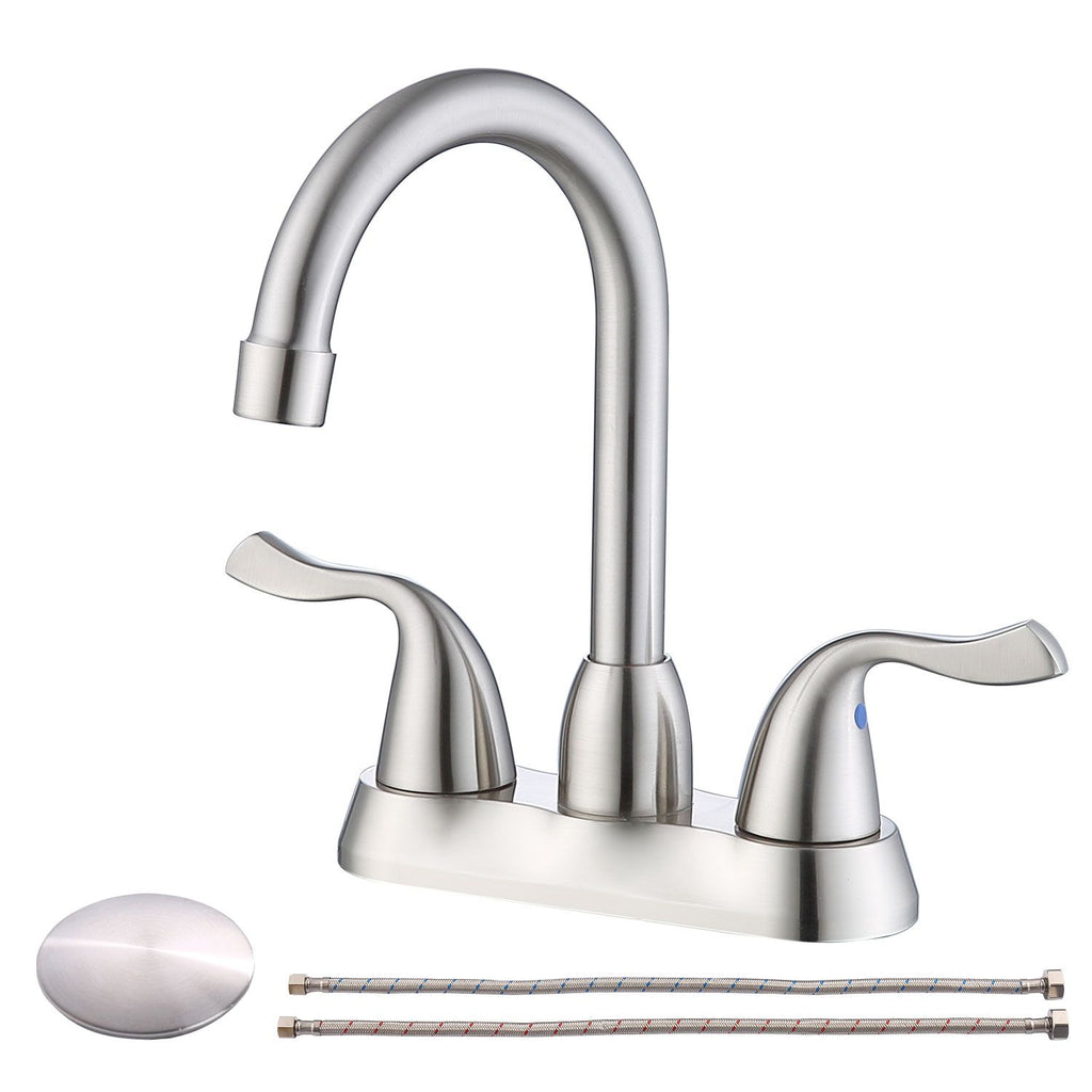 2-Handle Bathroom Sink Faucet with Plastic Pop-up Drain and Lead-Free cUPC Supply Lines RV Bathroom Faucet 3 Holes Brushed Nickel
