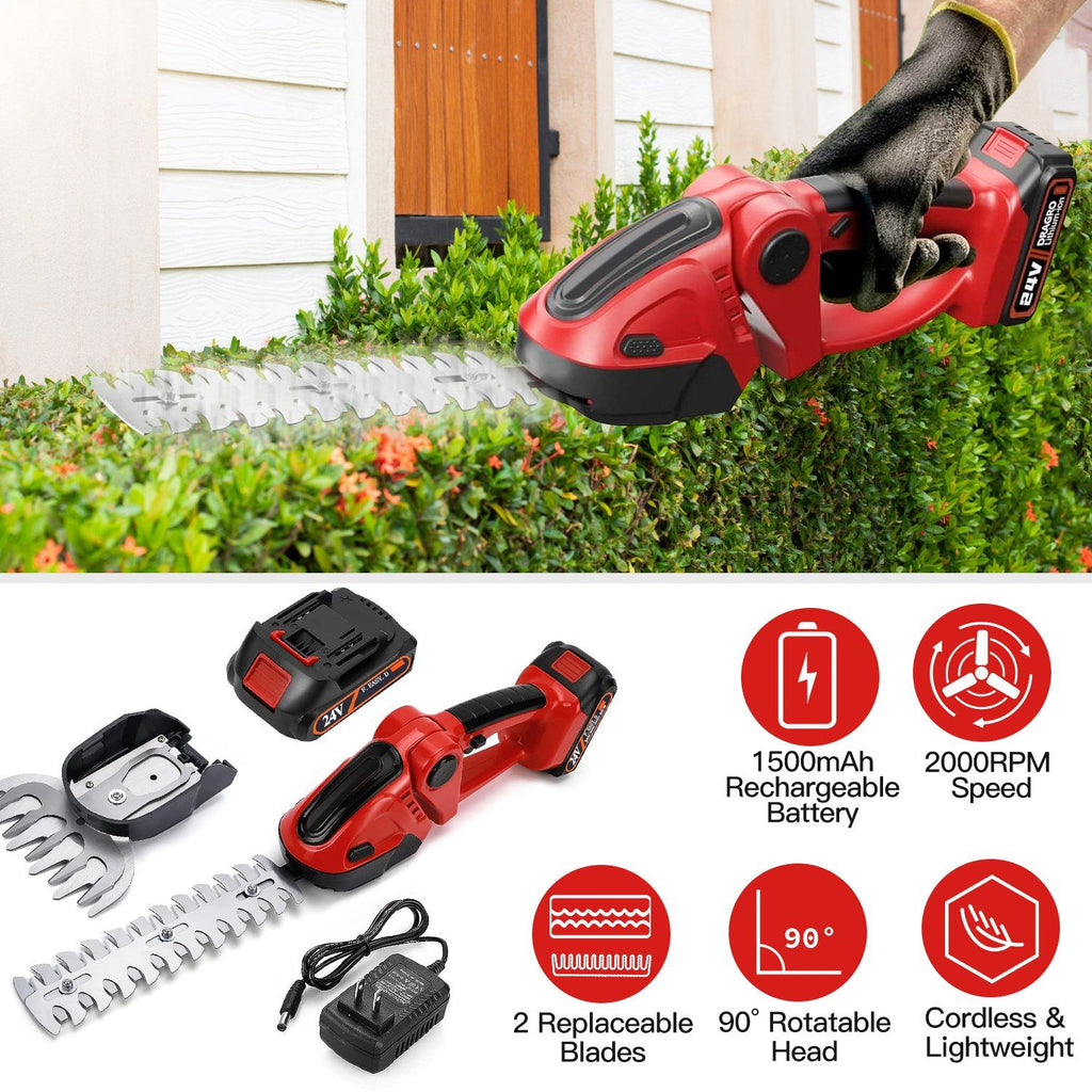 2-in-1 Cordless Grass Trimmer & Hedge Shear - 400W Motor (2000RPM), Lightweight 2.04lbs, 90° Adjustable Cutting Angle, 1500mAh Rechargeable Battery - SK5 Steel Blades, Double Safety Lock