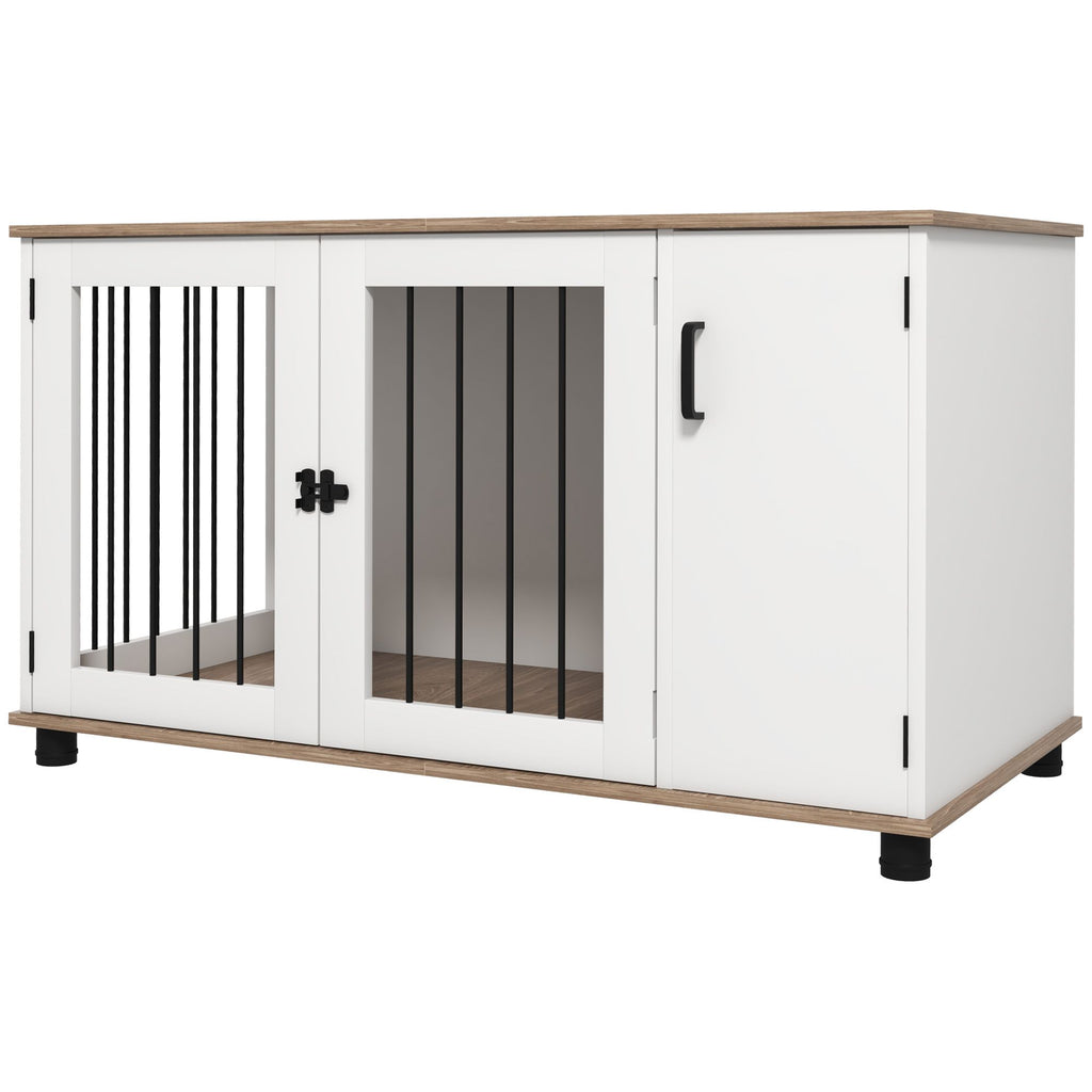 2-In-1 Dog Crate Table w/ Double Doors and Storage, Dog Cage for Medium and Large-sized Dogs, Walnut and White