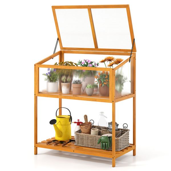 2-in-1 Fir Wood Elevated Greenhouse with Slatted Shelf, Adjustable Roof Cold Frame for Extending Growing Season