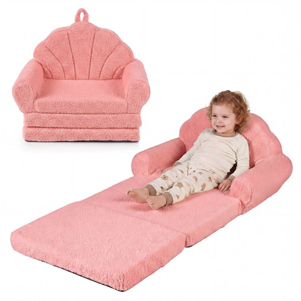 2-in-1 Flip Open Kids Sofa Lounger, Teddy Fleece Toddler Couch with Carry Handle for Ages 3+ (Pink)
