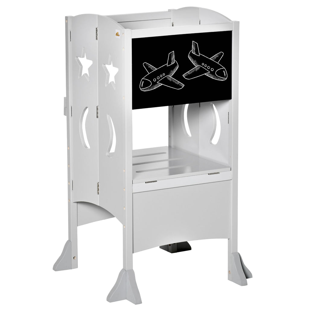 2 in 1 Kids Foldable Kitchen Step Stool, Toddler Standing Tower with Chalkboard and Lockable Handrail for Children 3-6 Years Old, Gray