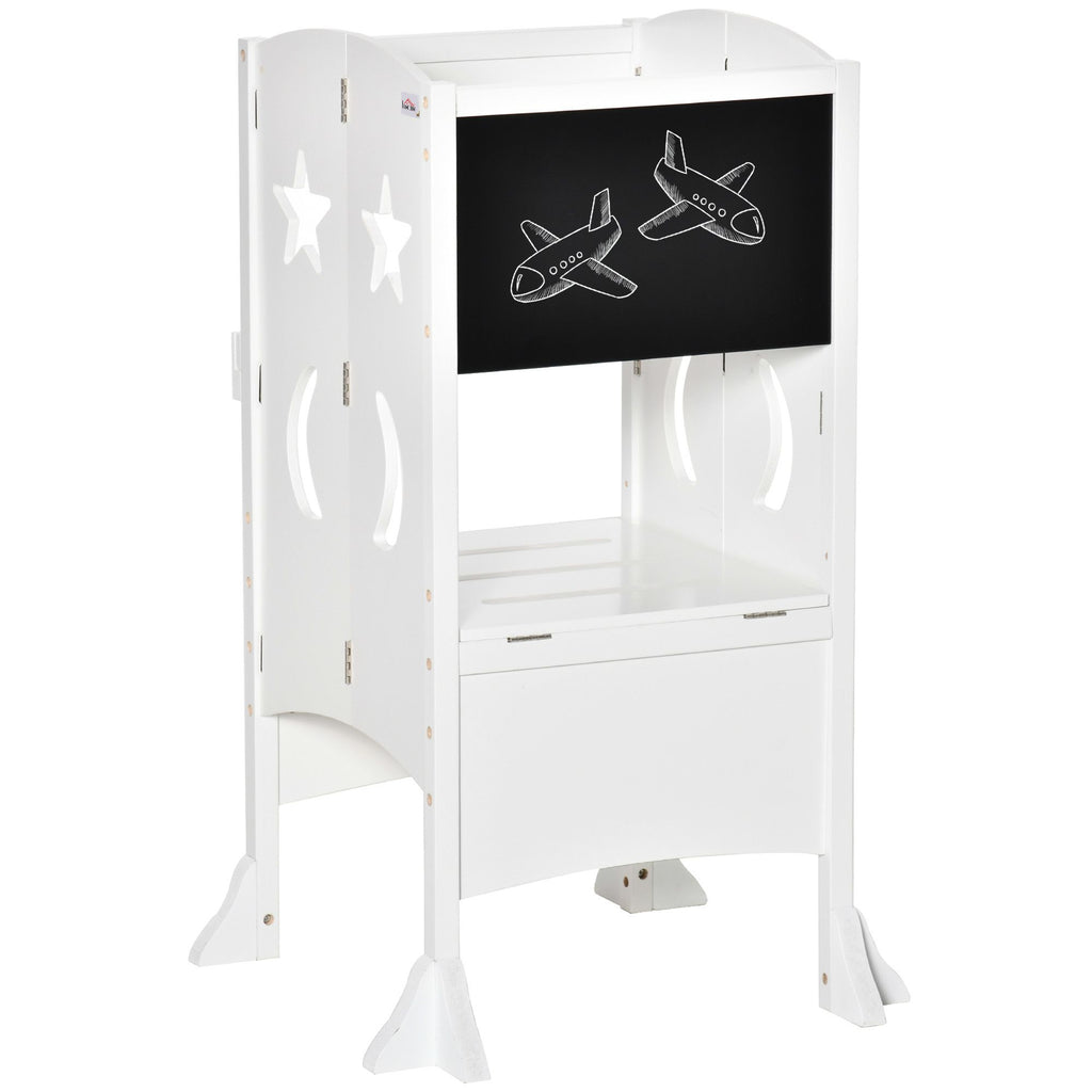 2 in 1 Kids Foldable Kitchen Step Stool, Toddler Standing Tower with Chalkboard and Lockable Handrail for Children 3-6 Years Old, White
