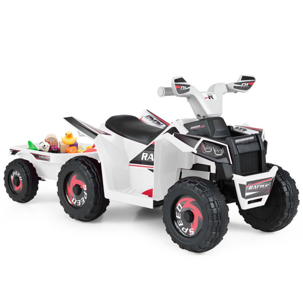 2 in 1 Kids Ride On ATV with Removable Trailer, 6V Electric Quad for Toddlers Ages 3+ White