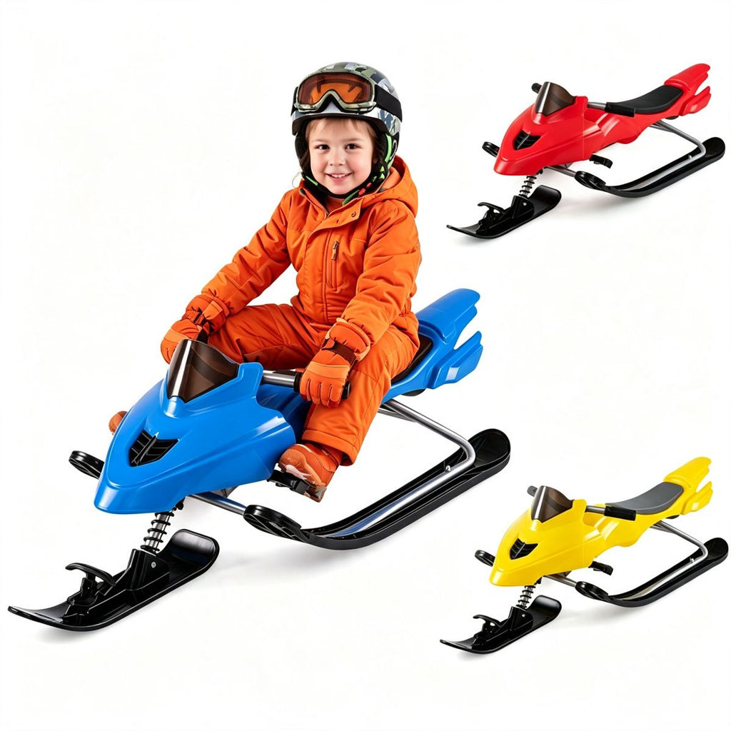 2-in-1 Kids Snow Racer Sled with Tow Rope, 30 Steering & Dual Foot Brakes Downhill Ski Sled, Ergonomic Seat Winter Slider Board for 6-12 Years Old - Blue