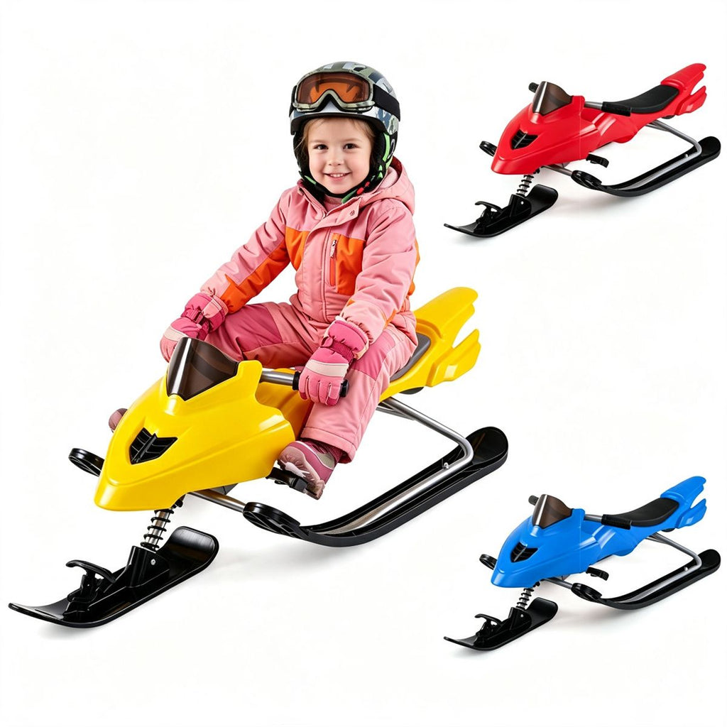 2-in-1 Kids Snow Racer Sled with Tow Rope, 30 Steering & Dual Foot Brakes Downhill Ski Sled, Ergonomic Seat Winter Slider Board for 6-12 Years Old - Yellow