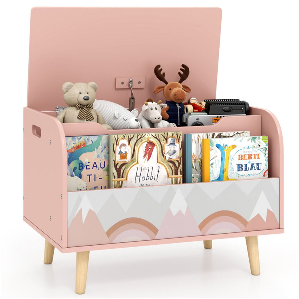 2-in-1 Kids Toy Storage Organizer with Bookshelf, 59.69×40.64×43.18 cm Pine Wood Toy Chest for 3+ Years, Pink