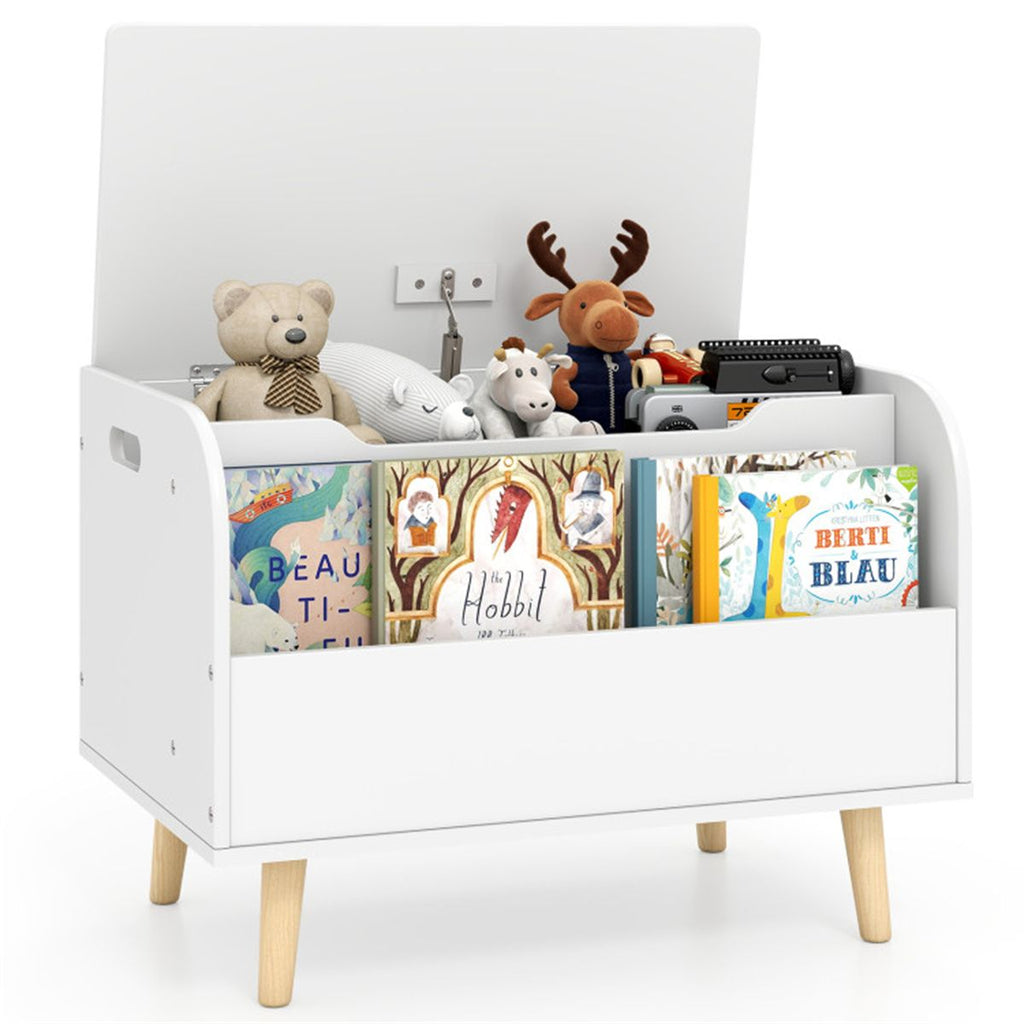 2-in-1 Kids Toy Storage Organizer with Bookshelf, 59.69×40.64×43.18 cm Pine Wood Toy Chest for 3+ Years, White