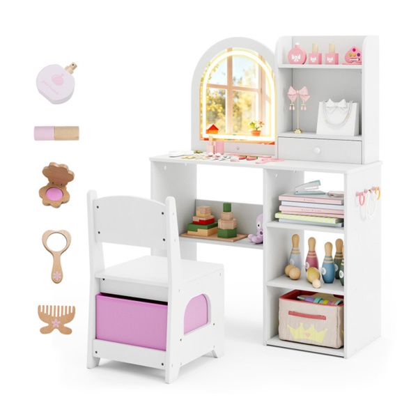 2-in-1 Kids Vanity & Writing Desk Set - LED Lighted Shatterproof Mirror (3 Color Modes), White