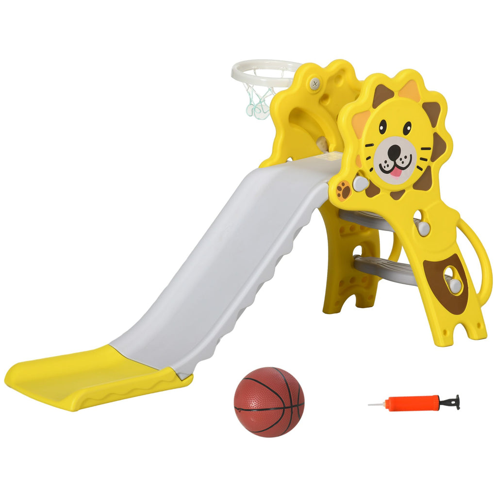 2-in-1 Lion Design Toddler Slide, Indoor Slide with Basketball Hoop, Fun Yellow Color, for 18-36 Months