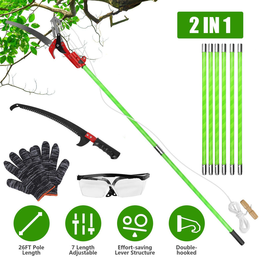2-in-1 Manual Pole Saw 8.23-15.12FT Extendable Tree Pruner - SK5 Steel Pruner, Double-Hooked Saw Blade, Oxford Storage Bag + Goggles/Gloves for Tree Trimming