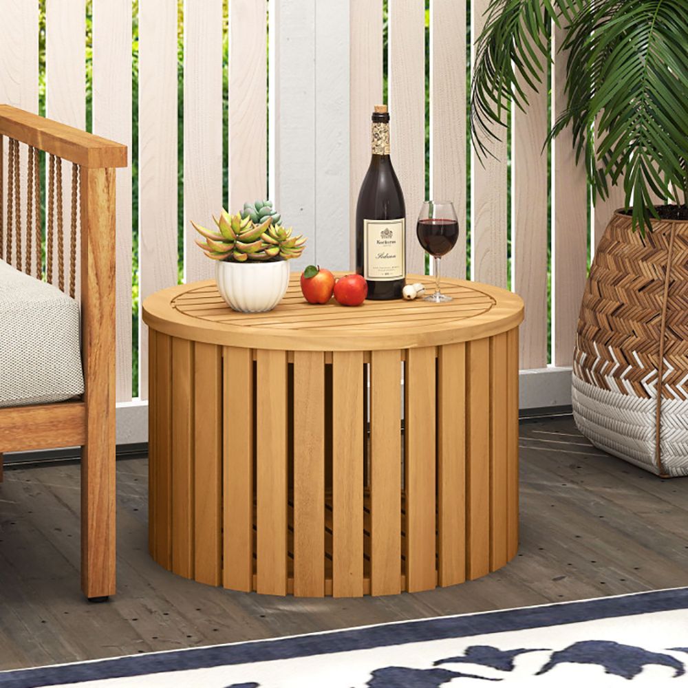 2-in-1 Outdoor Side Table with Storage Acacia Wood Slatted Coffee Table Square/Round Slatted End Storage Box