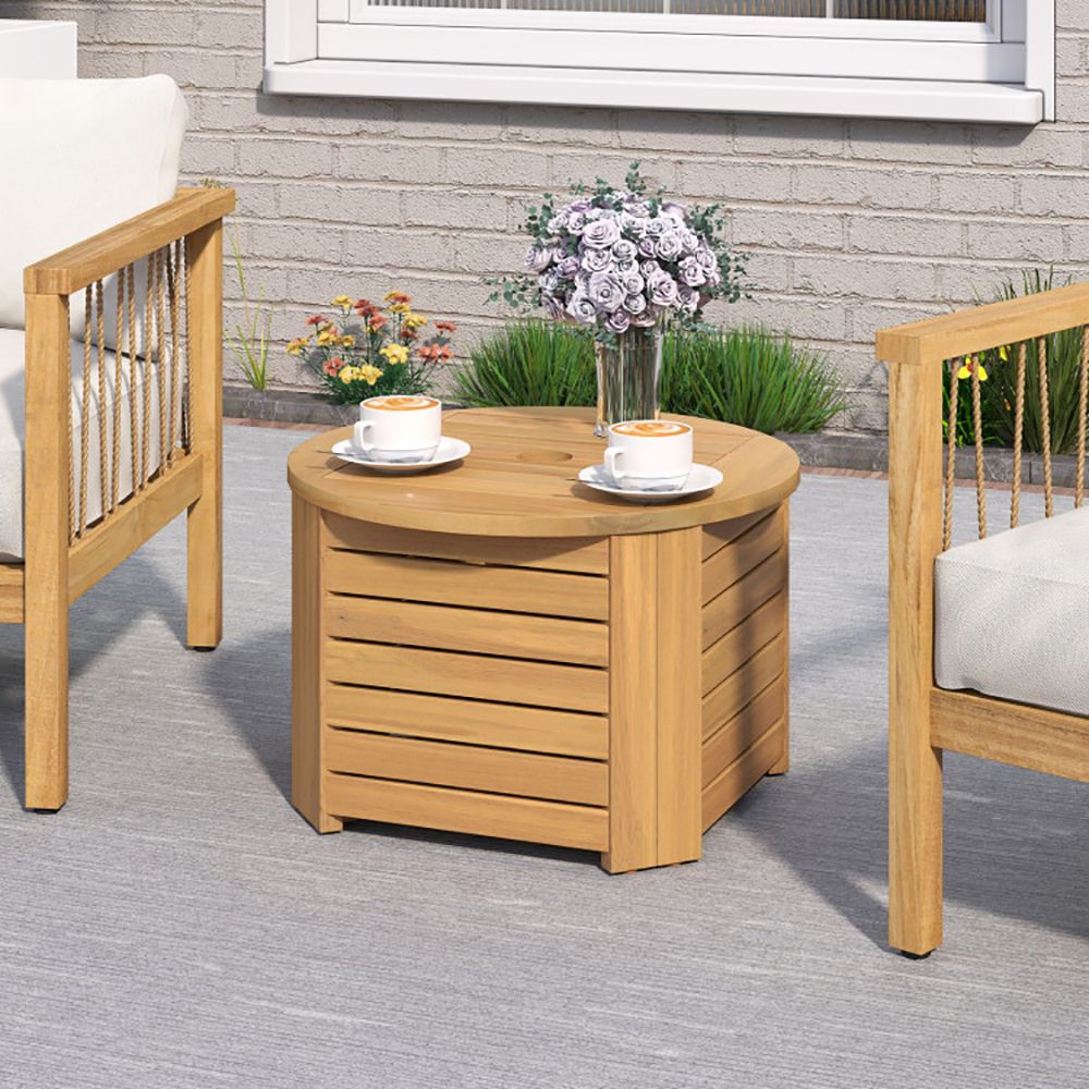 2-in-1 Outdoor Side Table with Storage Acacia Wood Slatted Coffee Table Square/Round Slatted End Storage Box