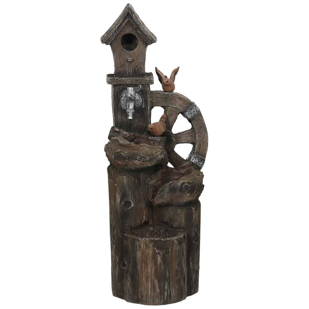 2-in-1 Outdoor Water Fountain with Birdhouse, Outdoor Waterfall Fountain with LED Lights Pump, Tree Trunk Outdoor Water Feature, Resin Garden Fountain, Mixed Color