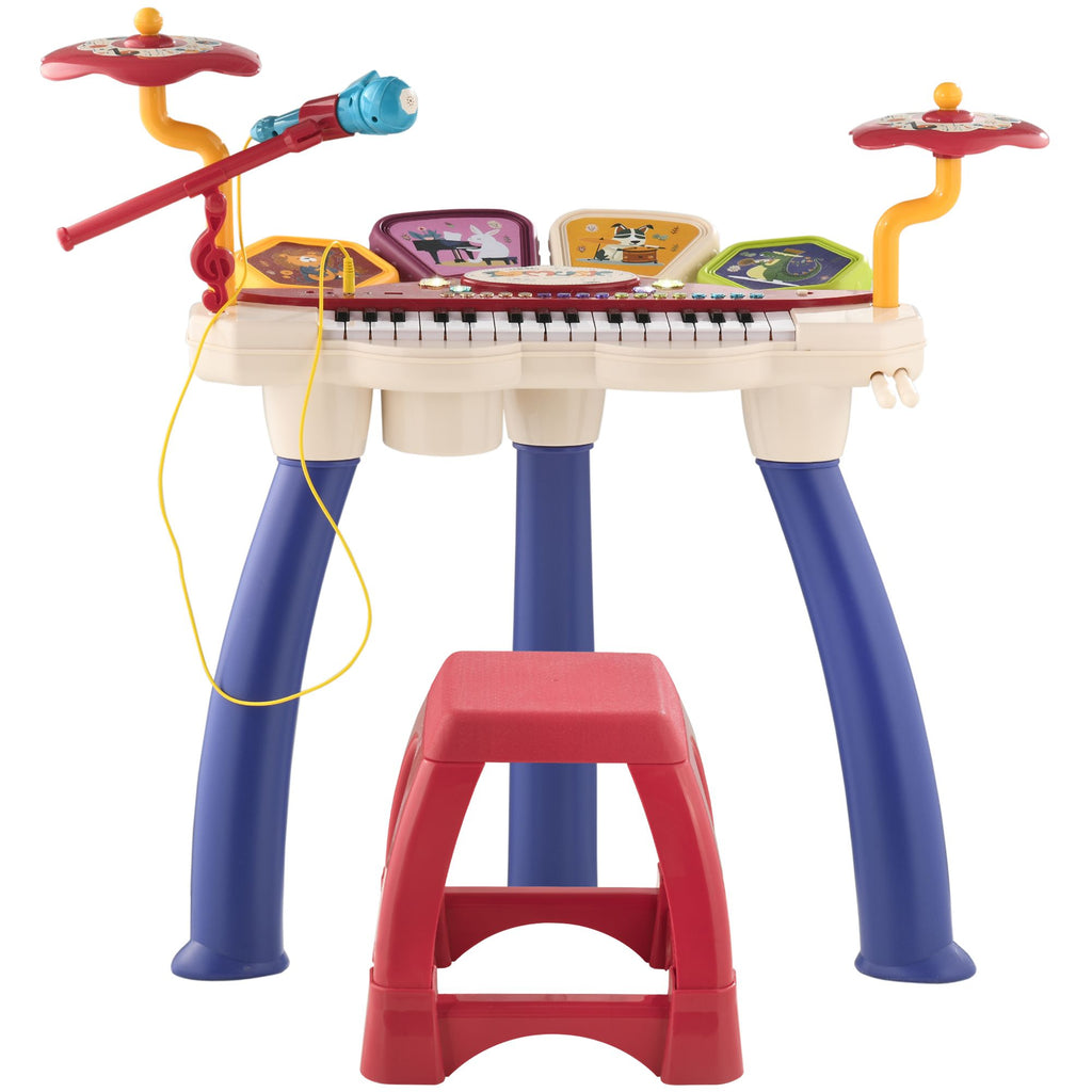 2 in 1 Piano Keyboard & Drum Set for Kids, Interactive Toy with Sounds, Lights, Microphone & Stool