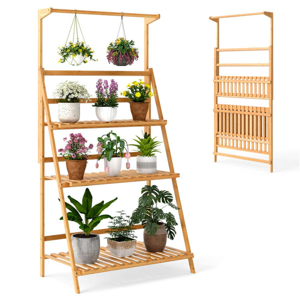 2-in-1 Plant Stand 3 Tier Bamboo Hanging Plant Stand