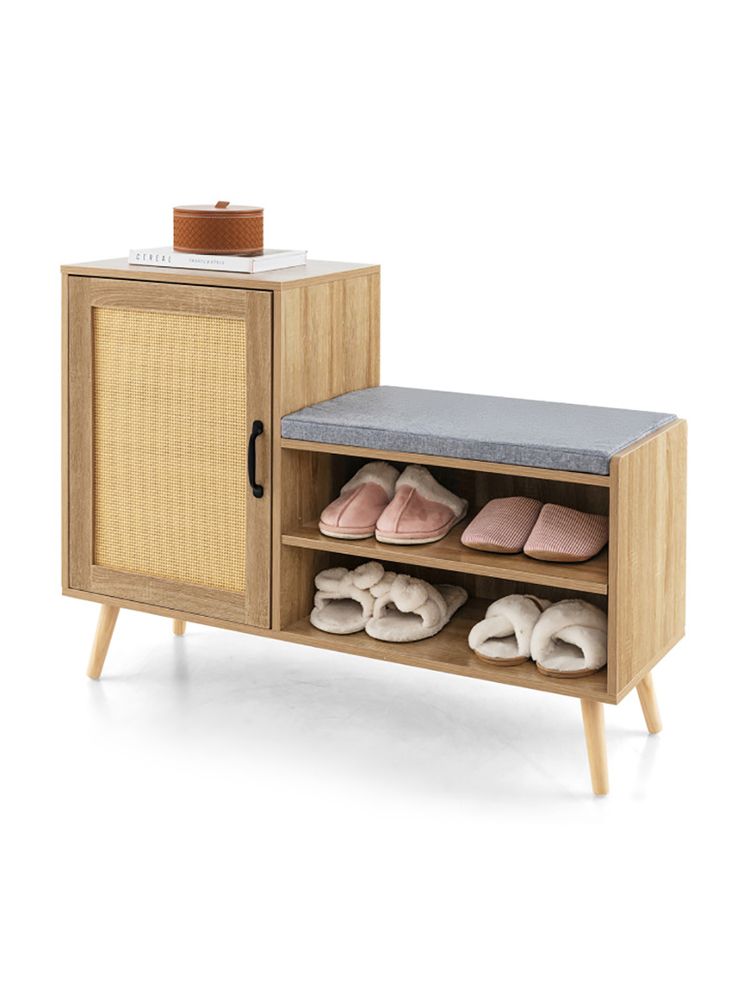 2-in-1 Rattan Shoe Cabinet with Bench Shoe Storage Bench with Washable Cushion