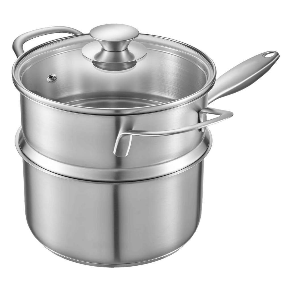 2-in-1 Stainless Steel Saucepan with Steamer 2.5QT Tri-Ply Bottom Induction Compatible Dishwasher Safe