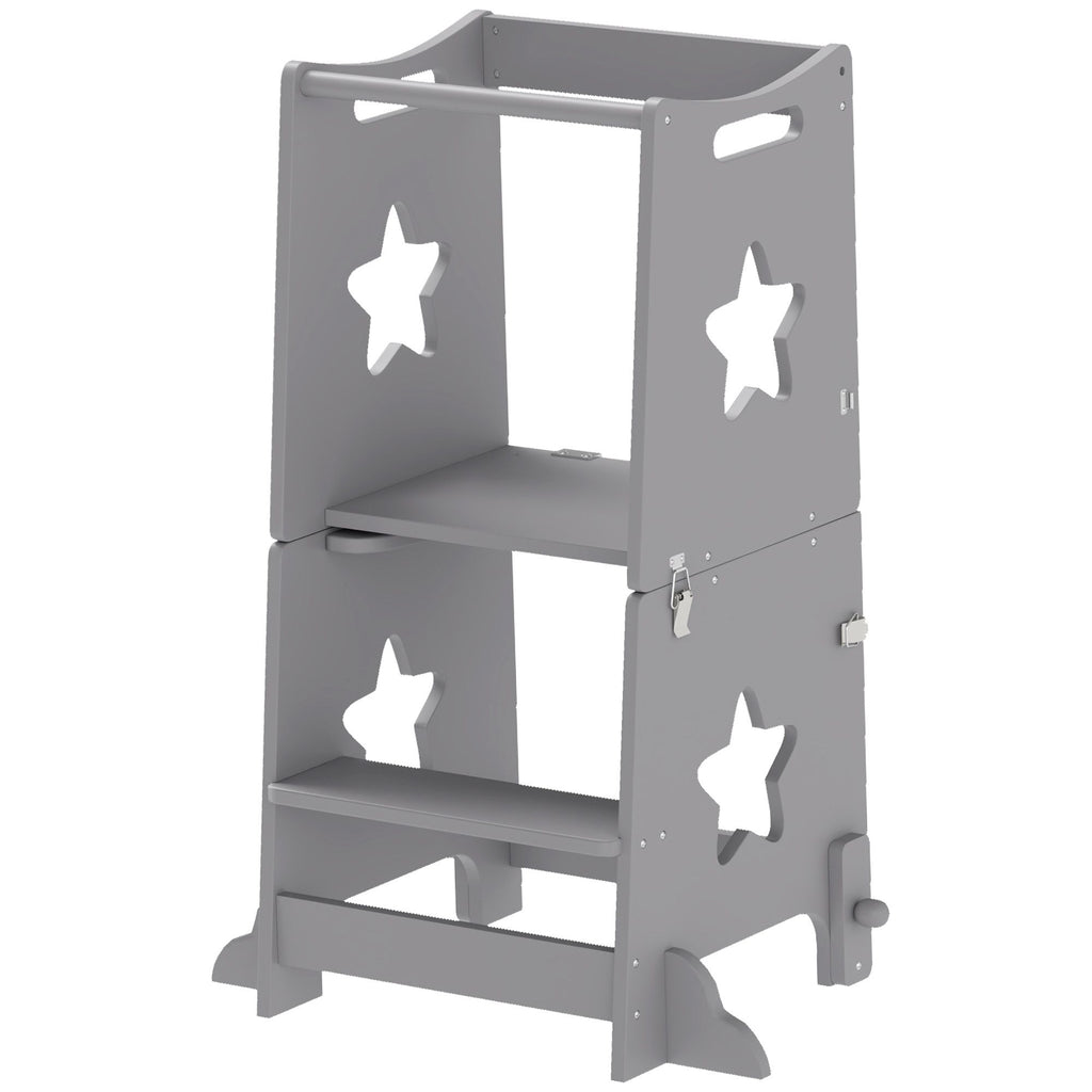 2 in 1 Toddler Tower with Safety Rail for Bathroom, Sink, Kitchen or Counter, Gray