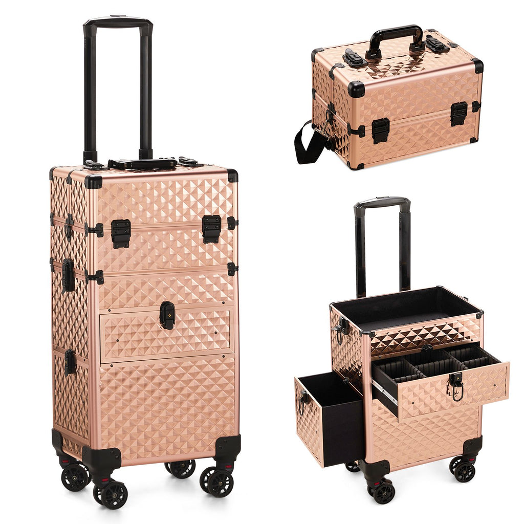2-in-1 vanity case with sliding front drawer, flat left drawer, detachable caster wheels, aluminum, diamond pattern, champagne gold finish, 34*24*72.5cm